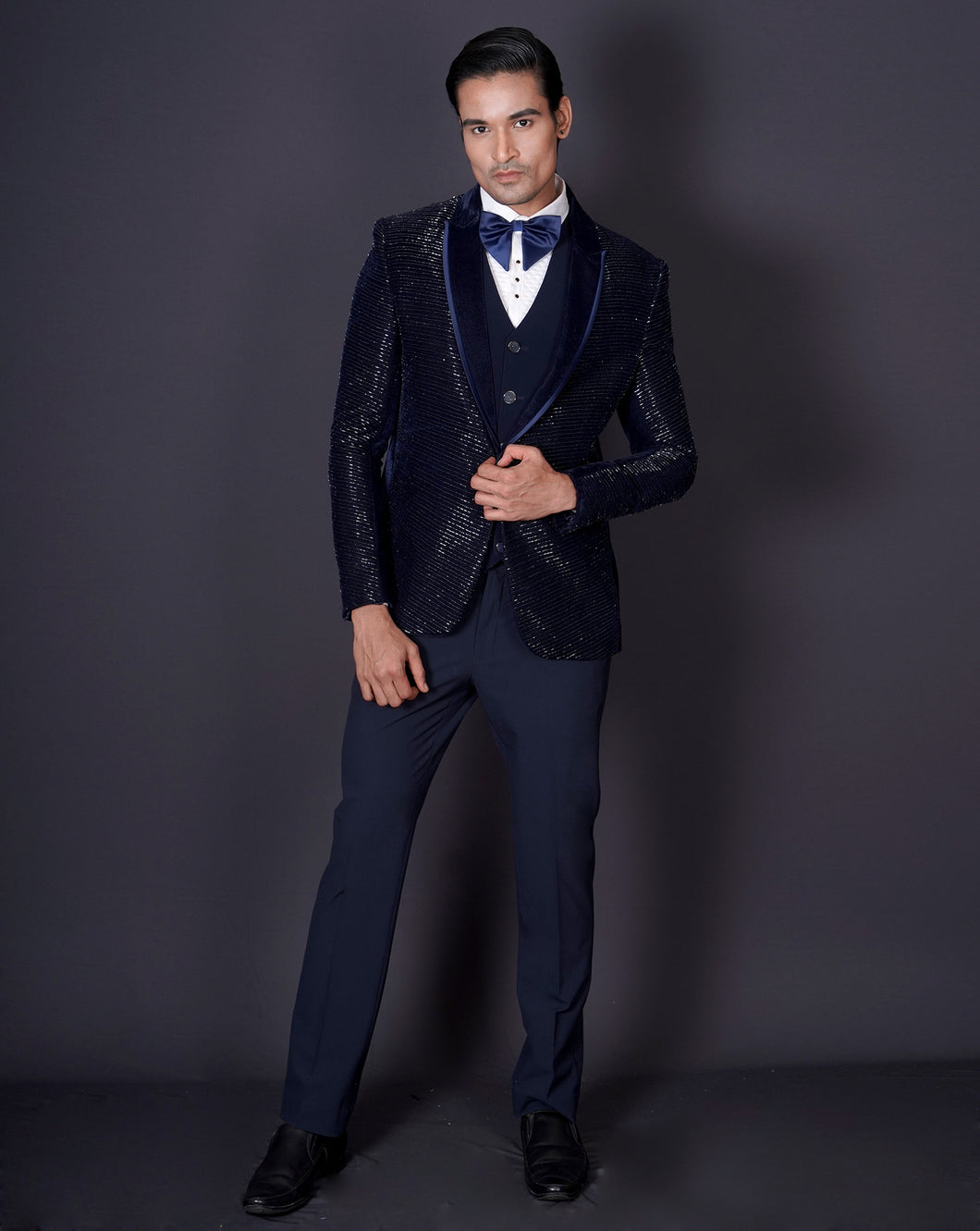 Blue Embroidered Tuxedo Set