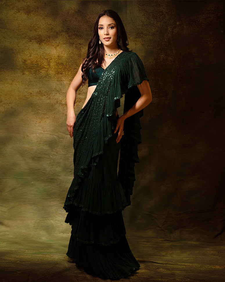 The Shimmering green ruffle sari