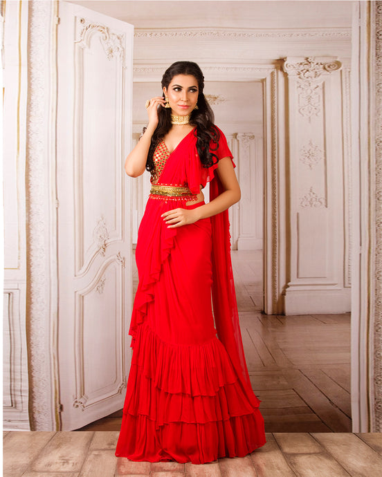 The Red Ruffle Sari - Archana Kochhar India